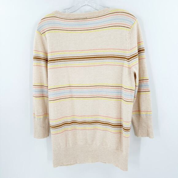 ModCloth Tan Striped V-Neck 3/4 Sleeve Button Front Cardigan Women's Size Large - Picture 3 of 12